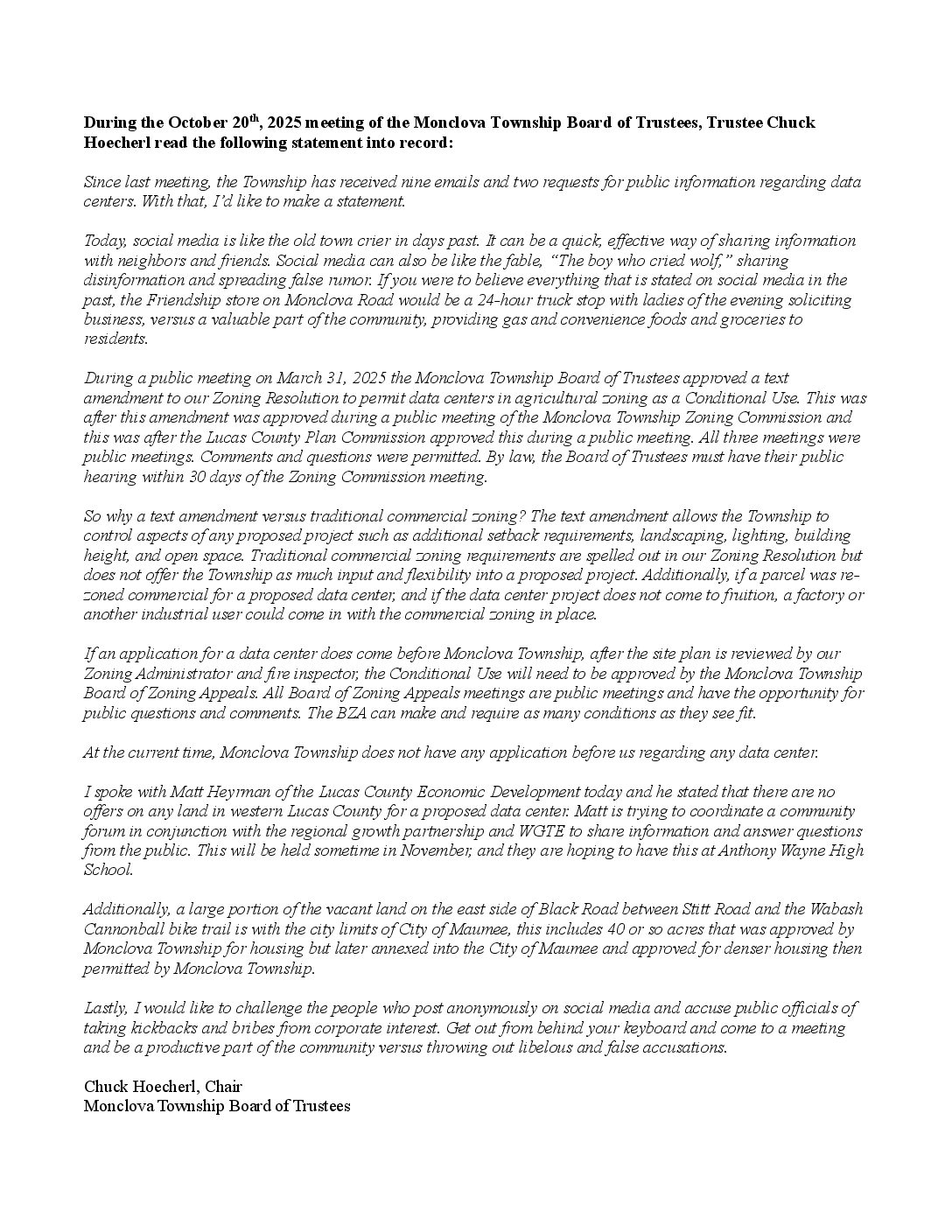 December 12, 2025 Statement on Data Centers